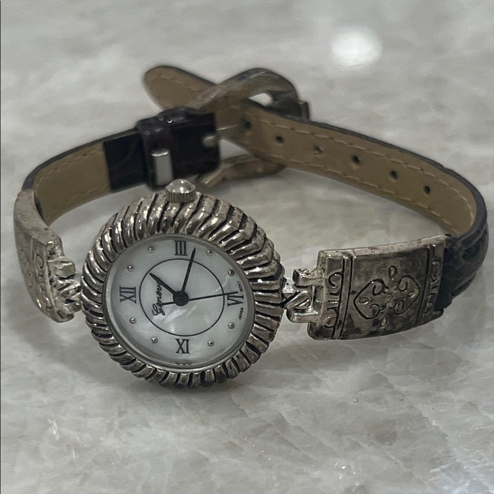 Vintage Geneva Silver and Brown leather Watch with Roman Numerals